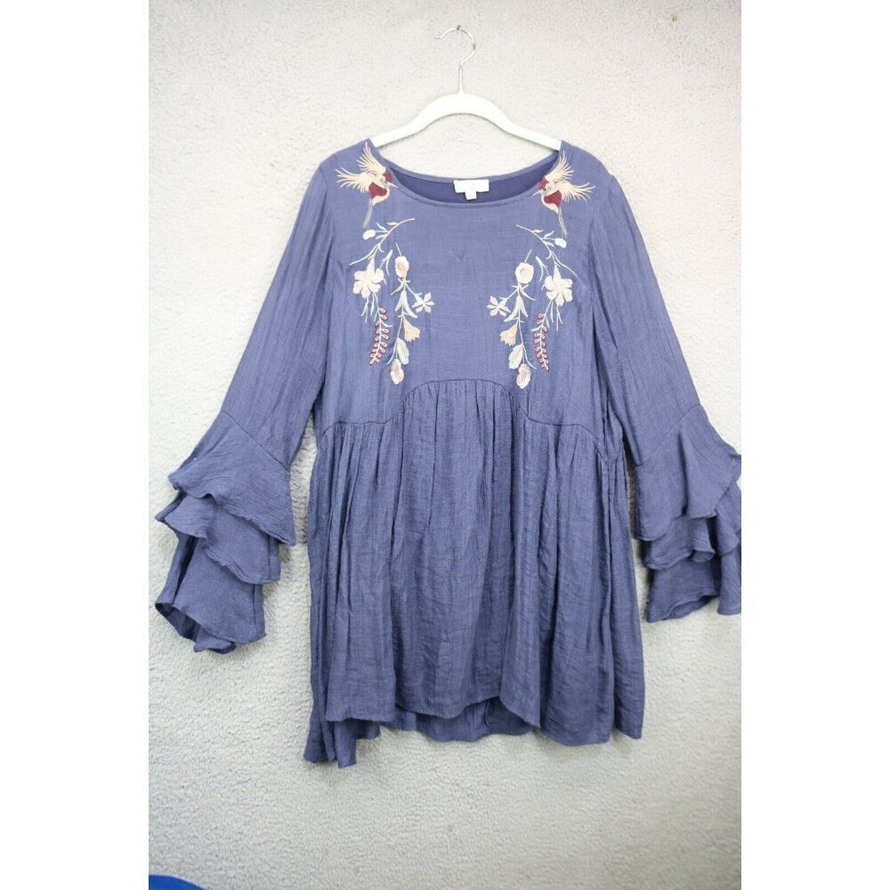 Umgee USA Long Tiered Ruffle Sleeve Embroidered Gauzy Dress-Medium-BOHO-Whimsy